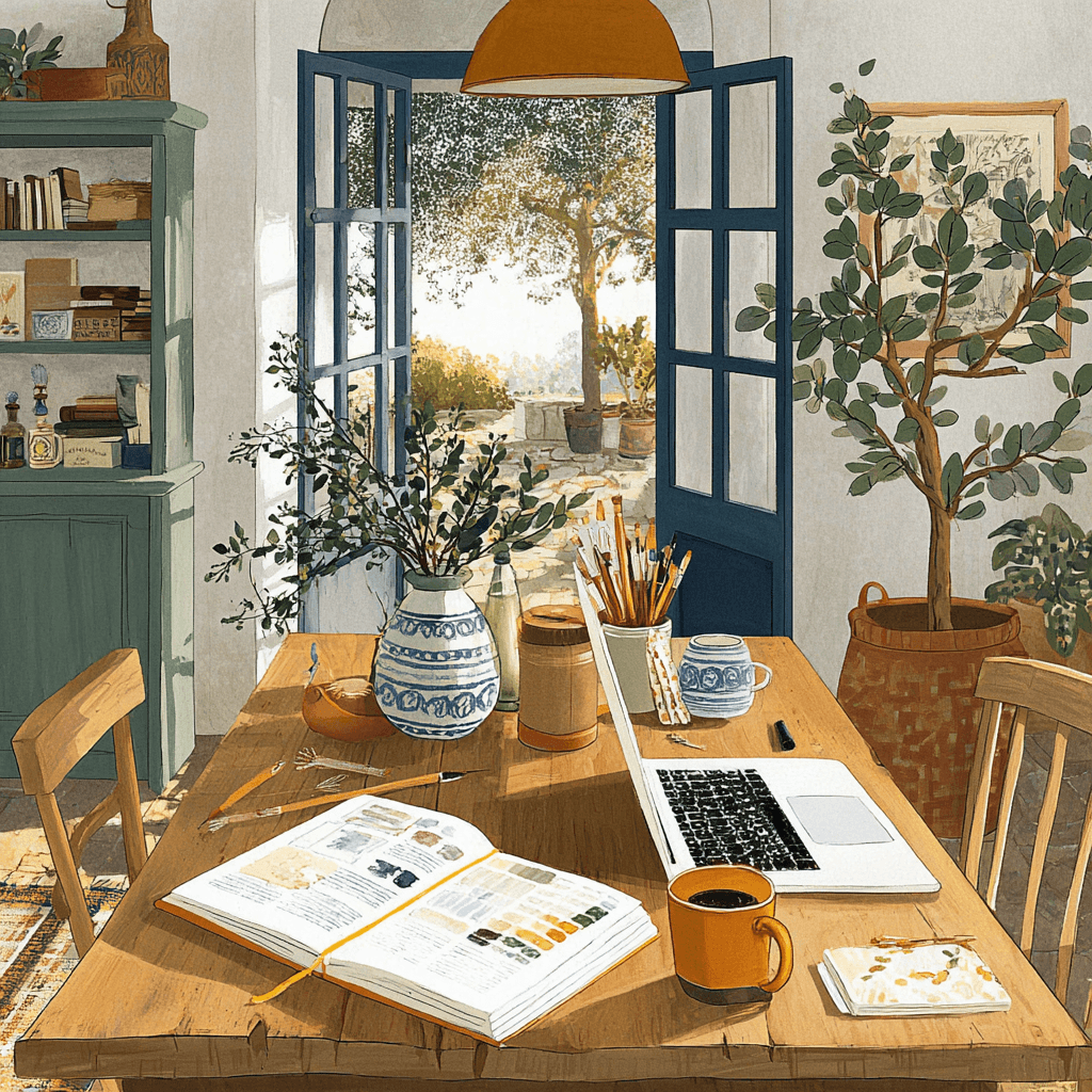The Coppermine Studio — a desk, notebook, and window scene