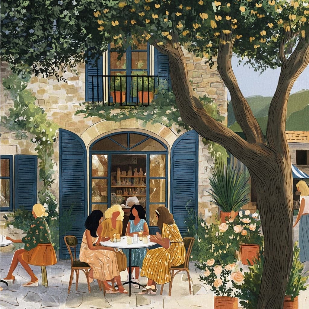 Illustration of women talking around a small café table under a tree